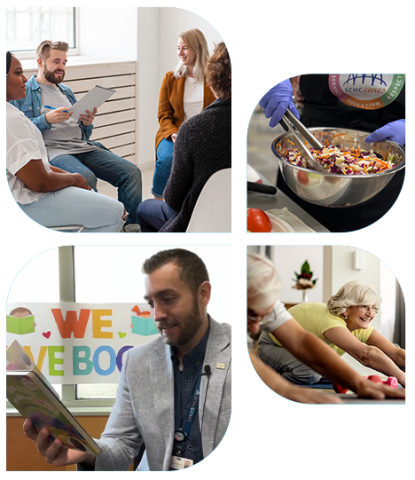 Collage of a support group, cooking class, story time, and yoga